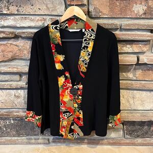 Soft Surroundings Kimono Jacket Floral Trim Large Button Stretch Black Fabric